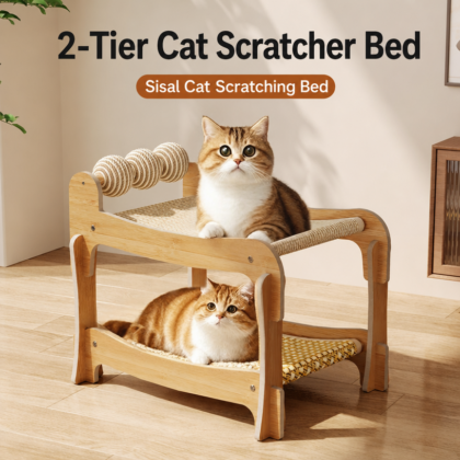 Premium Sisal Cat Scratcher Bed, 2-Tier Elevated Cat Lounge with Natural Wood Frame